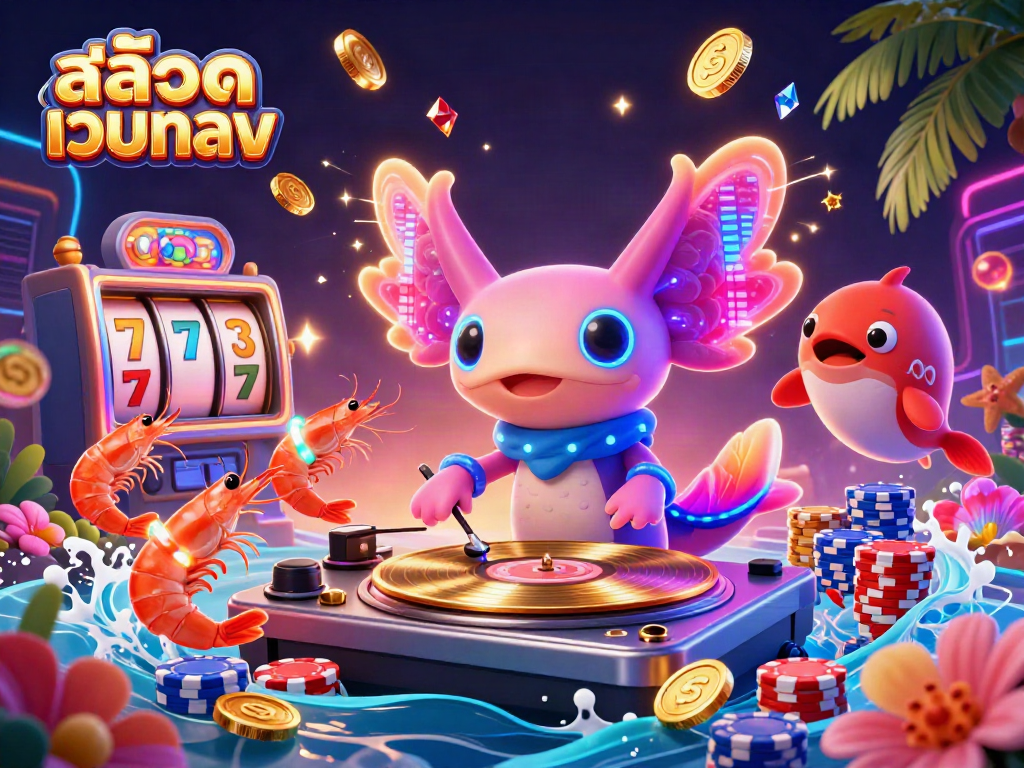 Engage with สล็อตเว็บตรง in vibrant 3D artwork featuring a lively axolotl DJ and captivating casino scenes.