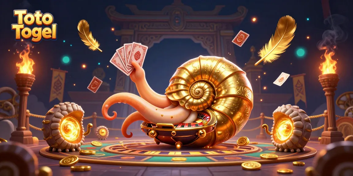 Toto Togel memikat bettors dengan nautilus kartun raksasa, dikelilingi elemen kasino berkilau.