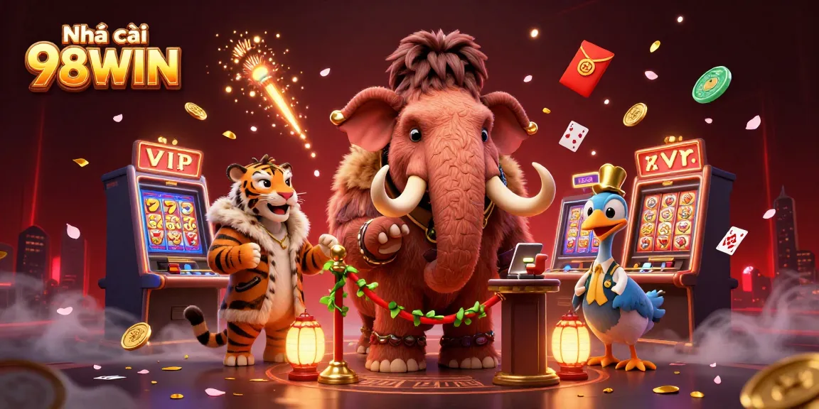 A vibrant illustration depicting Nhà cái 98WIN with a woolly mammoth bouncer, a saber-tooth tiger guest, and casino elements.