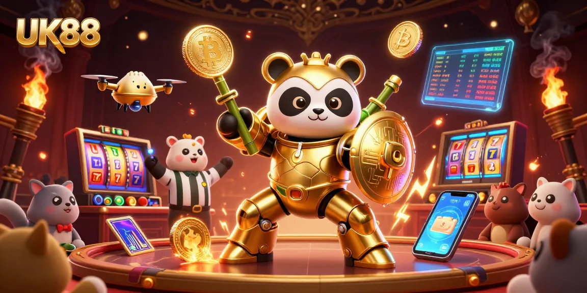 Engage with UK88's vibrant 3D casino scene featuring a mech-suit panda and cryptocurrency elements.
