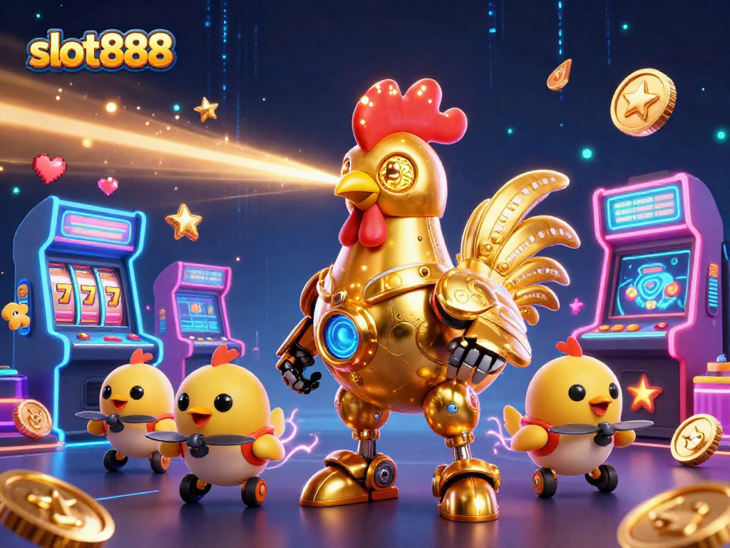 Asah keterampilan Anda di slot888 dengan robot ayam emas futuristik dan permainan slot penuh warna.