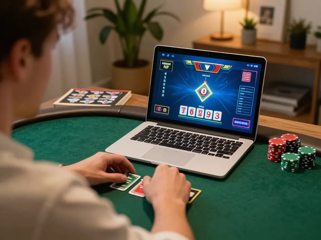 Player engaged in online poker gameplay with uu88 interface, showcasing strategic betting decisions in a cozy setting