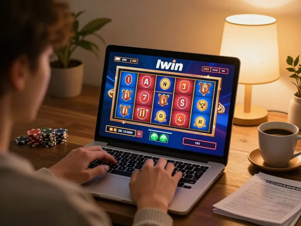 Engaging moment playing Iwin casino games on a laptop, showcasing interactive online gambling atmosphere.