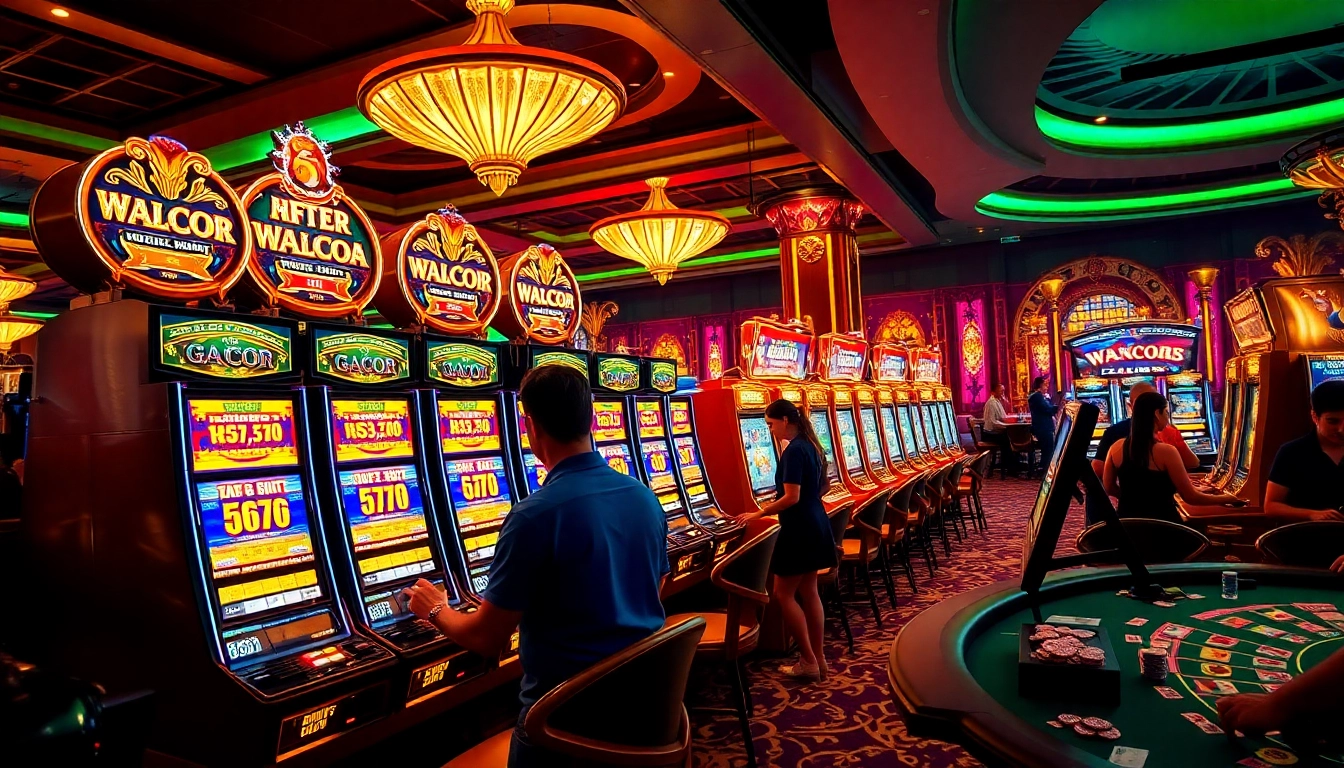 Experience thrilling slot gacor action at a vibrant casino with colorful machines and eager players.