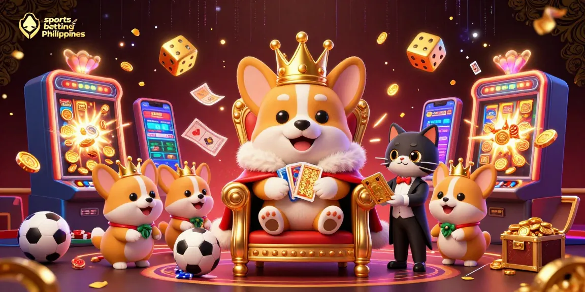 Engage in sports betting Philippines with a royal corgi on a throne, surrounded by dynamic betting elements.