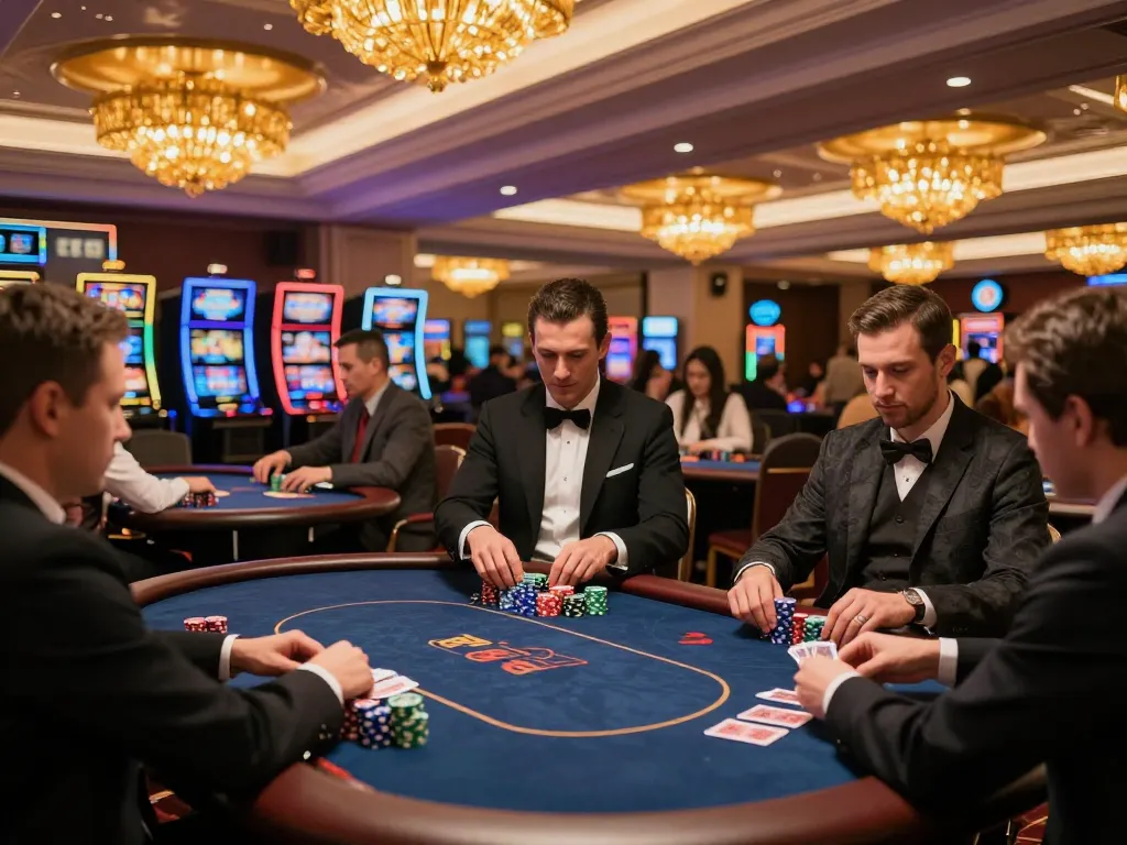 Players create a caricature of excitement at a poker table amid a vibrant casino atmosphere