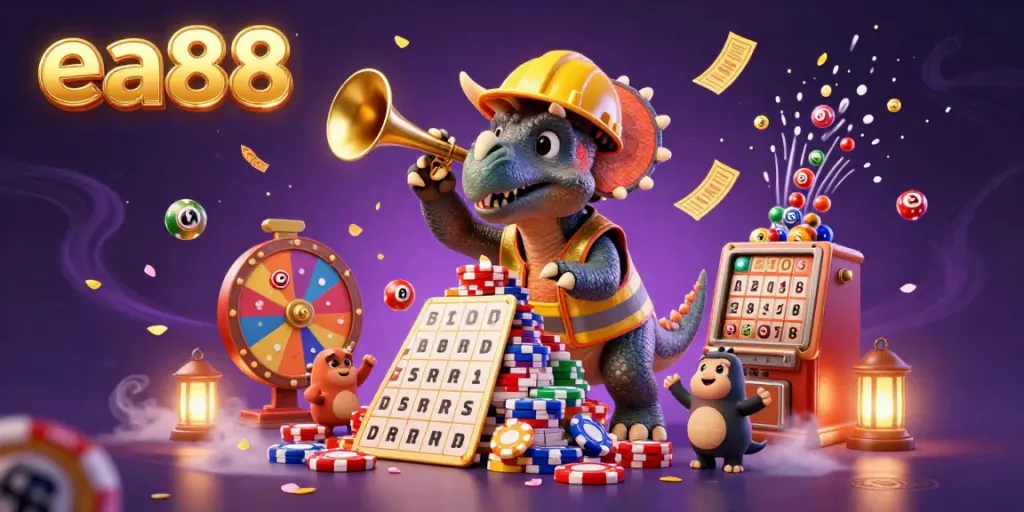 Celebrate gains with ea88 in an energetic casino scene featuring a triceratops building a poker chip pyramid!