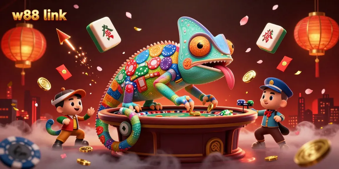 Engage with the vibrant w88 link casino scene, showcasing the dynamic playfulness of a chameleon owner amidst golden treasures.