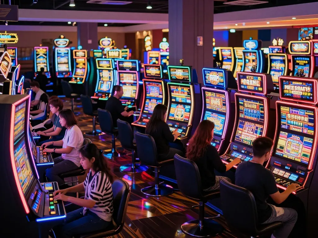 Situs slot machines lighting up the casino floor with engaged players celebrating wins and vibrant screens.