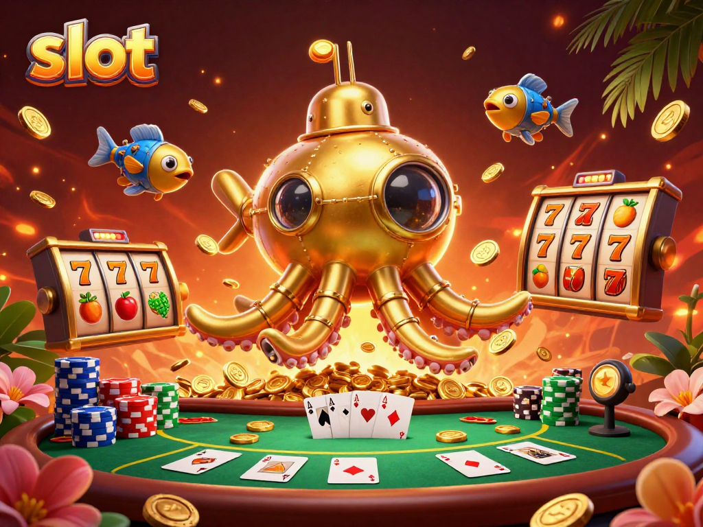 Spin the slot reels alongside golden kraken submarine and poker elements for a thrilling game experience.