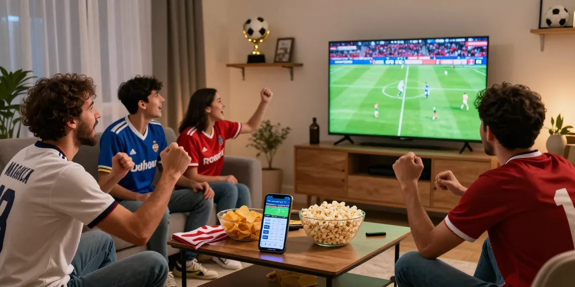 Football fans enjoying live streaming with جدول مباريات اليوم كورة لايف showcased on their smartphone, creating an exciting viewing atmosphere.