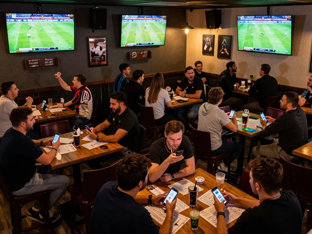 KQBD enthusiasts placing bets on soccer matches in an exciting sports bar atmosphere