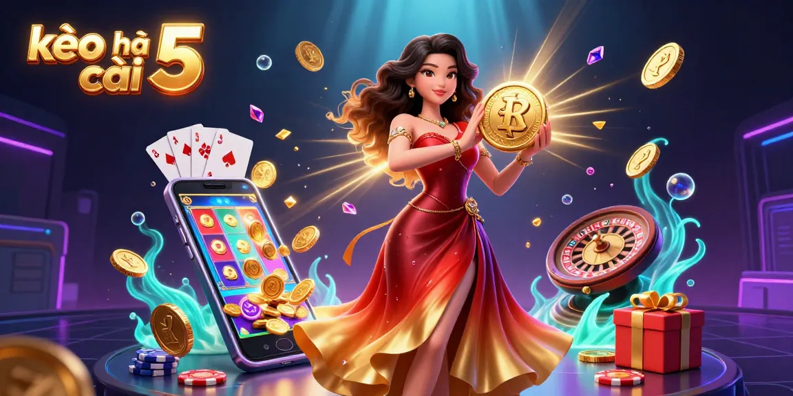 Engage with the vibrant scene of kèo nhà cái 5, featuring dynamic gambling elements and a stunning character holding a golden coin.