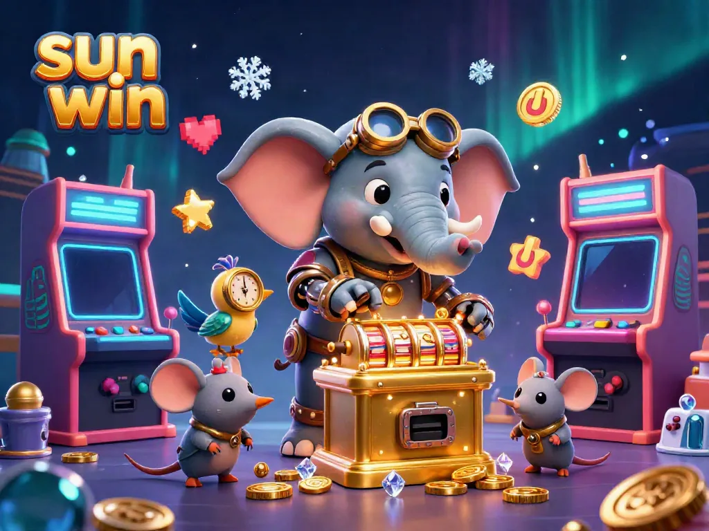 Experience the thrill of sun win with a steampunk elephant managing a golden slot machine amidst vibrant gaming elements.