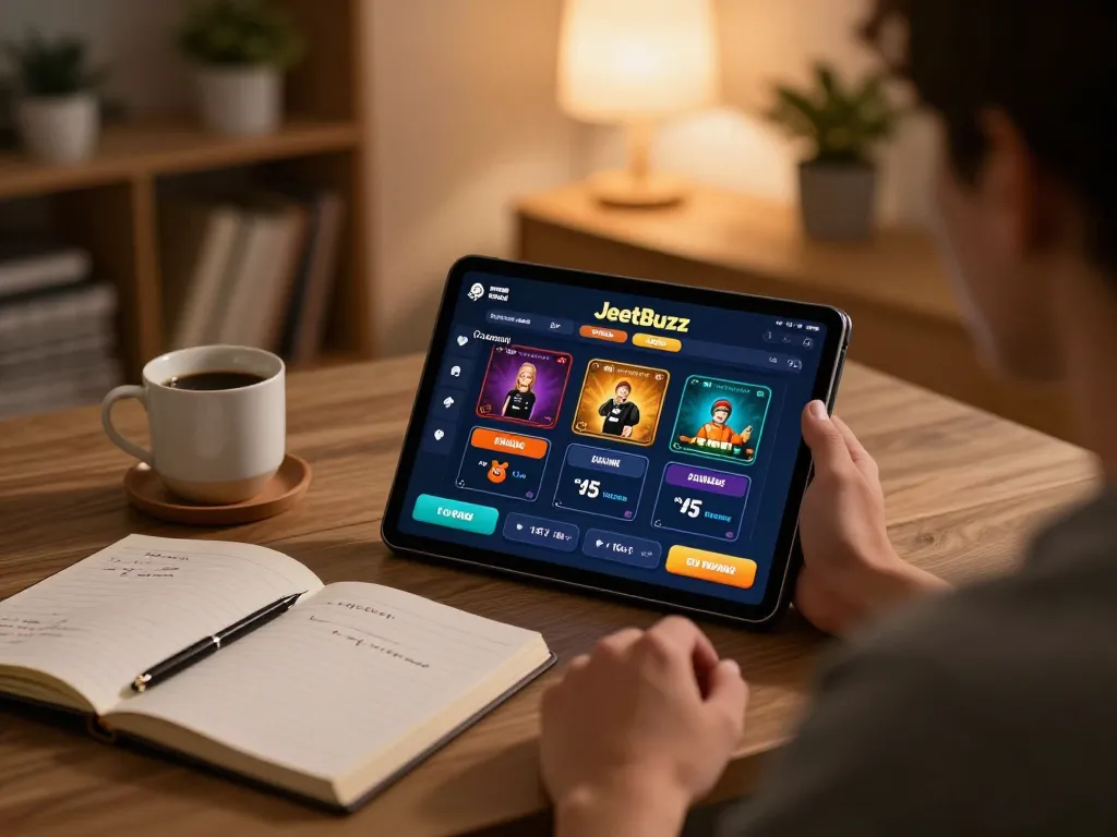 Engaging with Jeetbuzz Download App on a tablet in a cozy setting, showcasing online casino gaming experience.