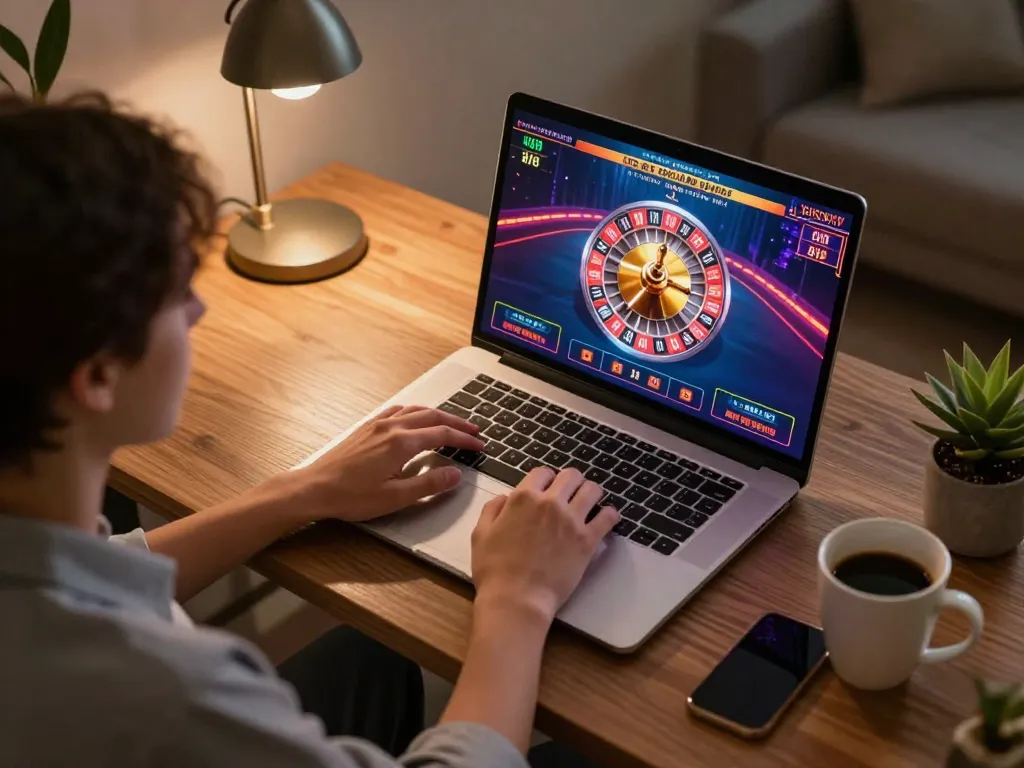 Player engaging in online gambling at BL555, focusing on roulette game with vibrant screen.