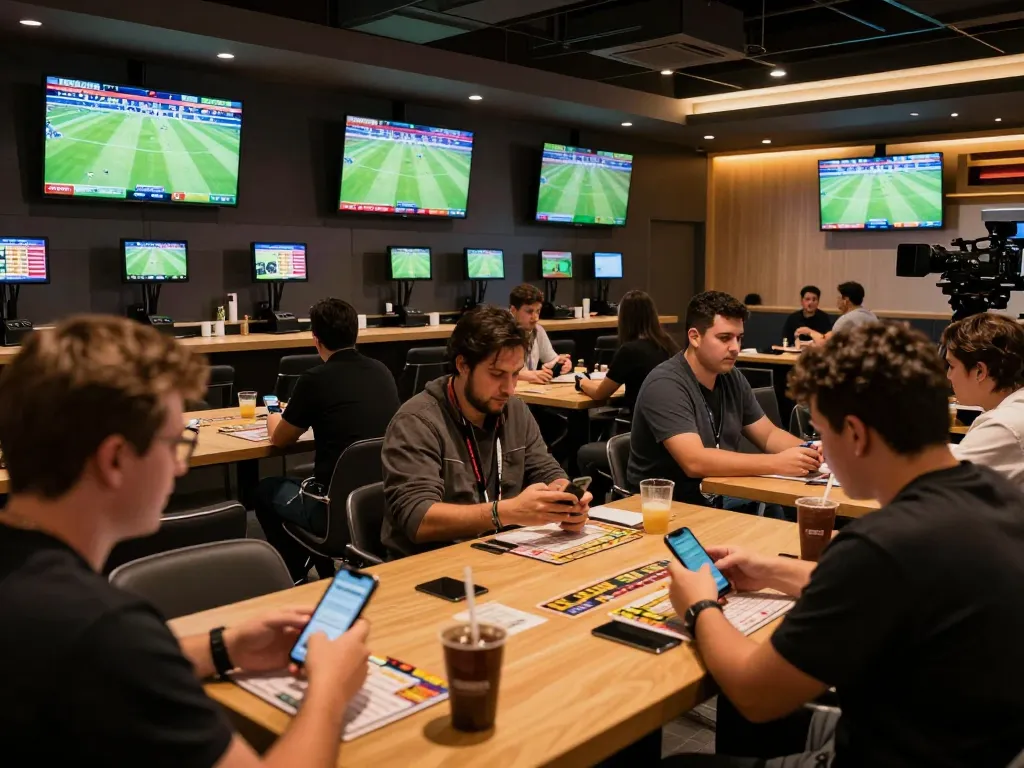 Soi Kèo dynamic sports betting scene with fans cheering and betting on live football matches