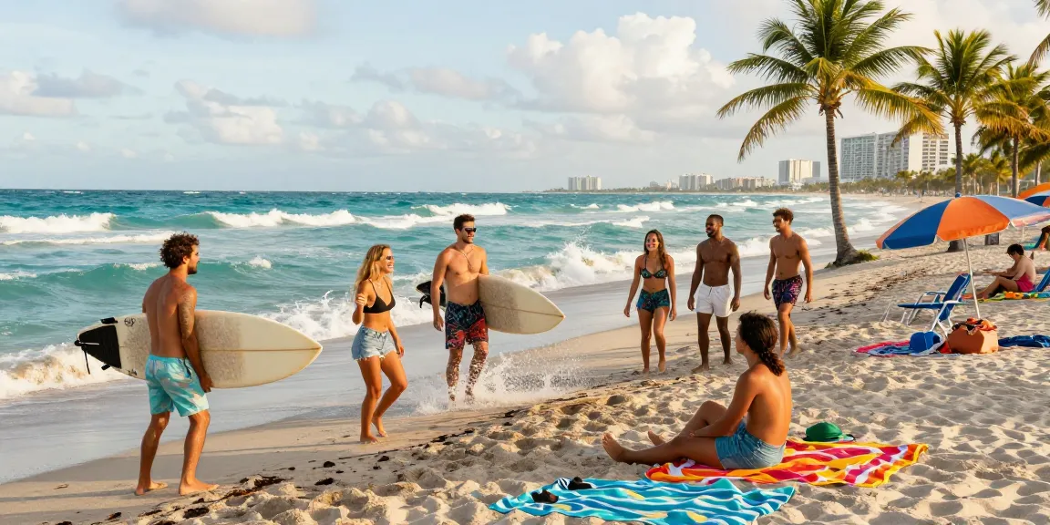 Pengunjung https://miami4d.com/ bersenang-senang di pantai Miami, menikmati suasana ceria dengan ombak dan pohon palem.