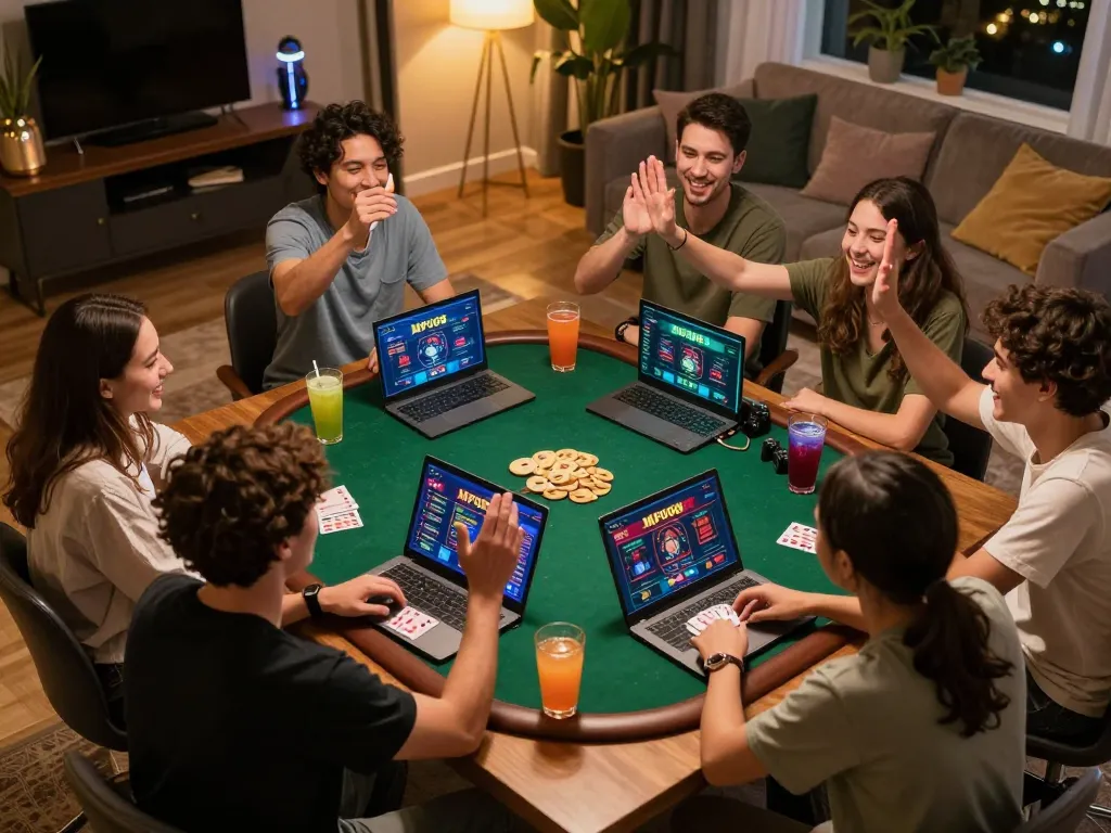 MPO08 online poker game night with friends celebrating winning hands and enjoying drinks.