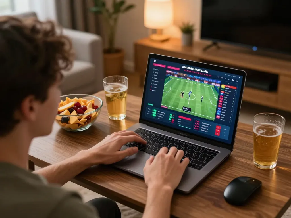 Player engaging in online sports betting at home with nhacaiuytin displayed on screen, showcasing strategic gambling.