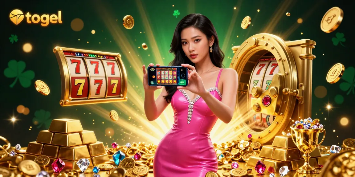 Experience thrilling togel gameplay with a confident Asian woman showcasing a vibrant slot game on her smartphone.