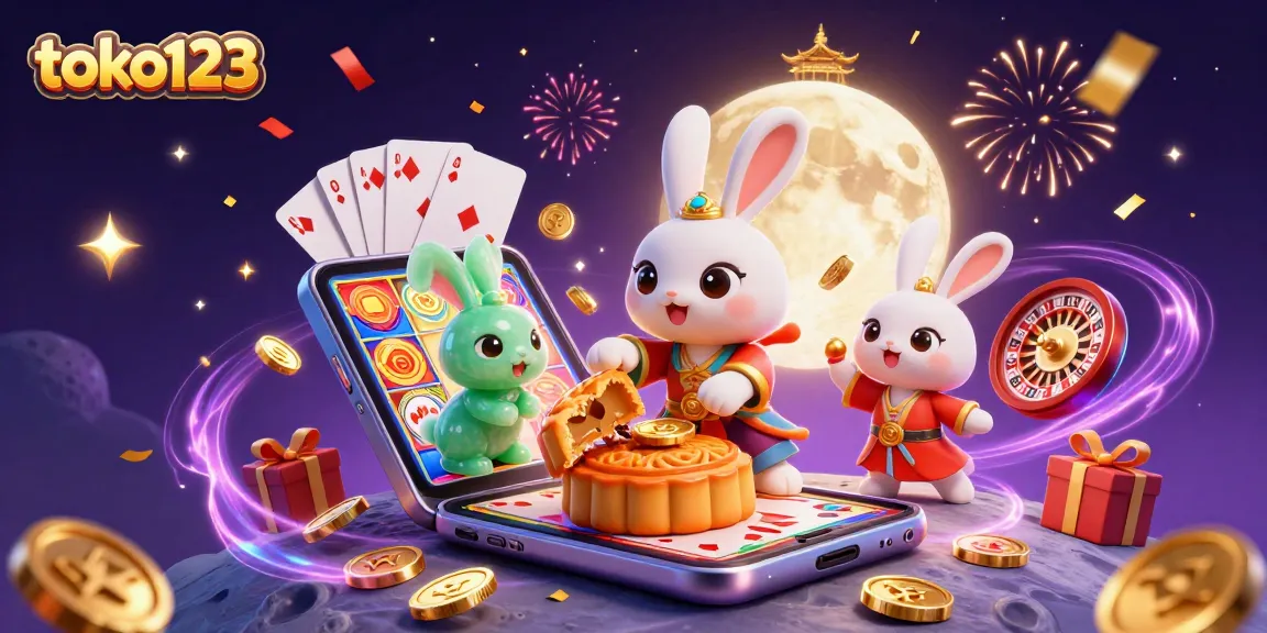 Engage in thrilling gaming at toko123 with a vibrant 3D casino illustration depicting joyful moon rabbits.