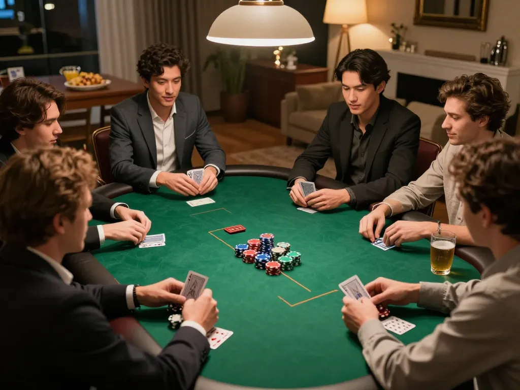 Engaged players at a home poker game showcasing strategic decision-making with nohu1 game elements.