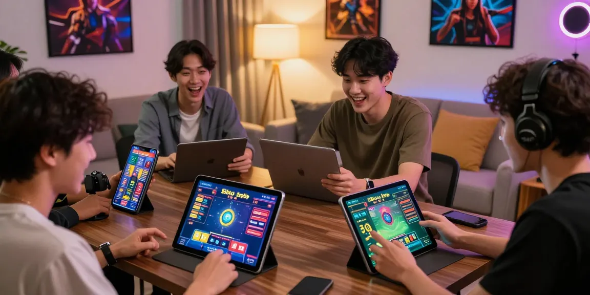 Engaging players actively using a situs toto platform with tablets and smartphones in a contemporary home setting.