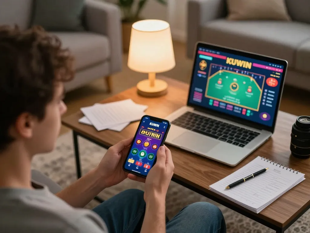 Kuwin player engaged in online gaming on smartphone with strategic planning notes nearby.