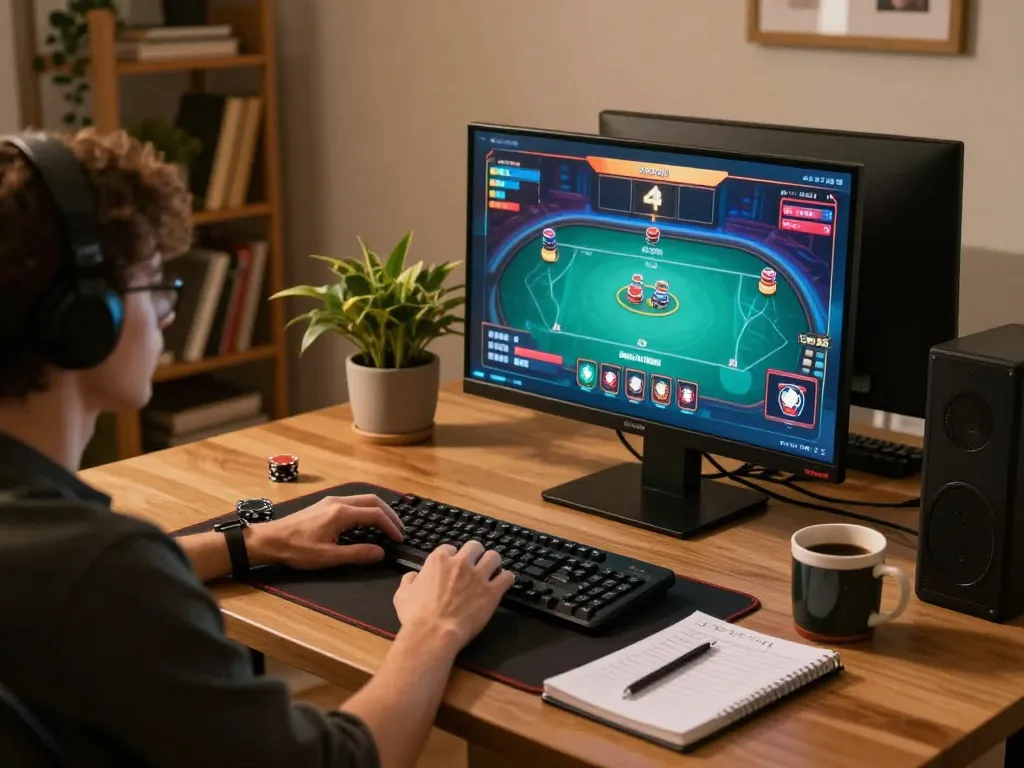 Engaging in online poker at megaplus88 with strategic notes and cozy atmosphere