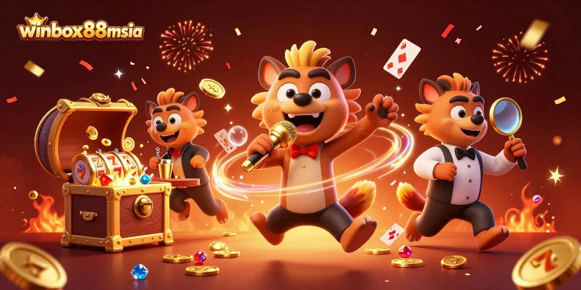 Experience lively gaming entertainment at winbox88msia with a vibrant 3D casino scene filled with hyenas and exciting slot details.