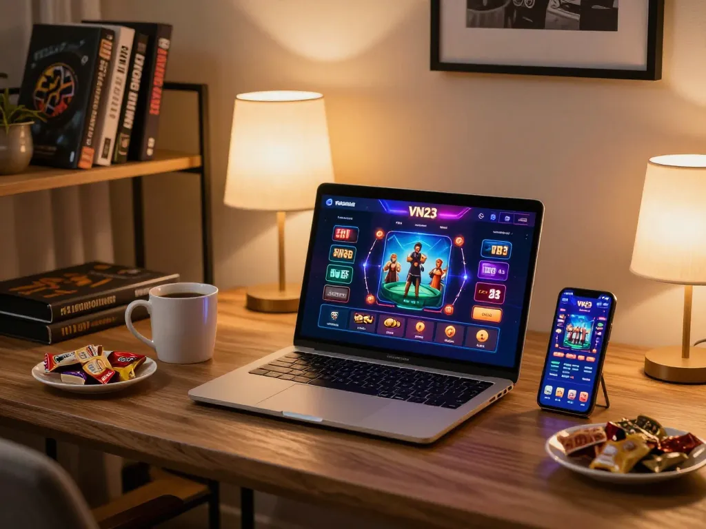 Engaging in online casino gaming with the VN23 app on a stylish laptop