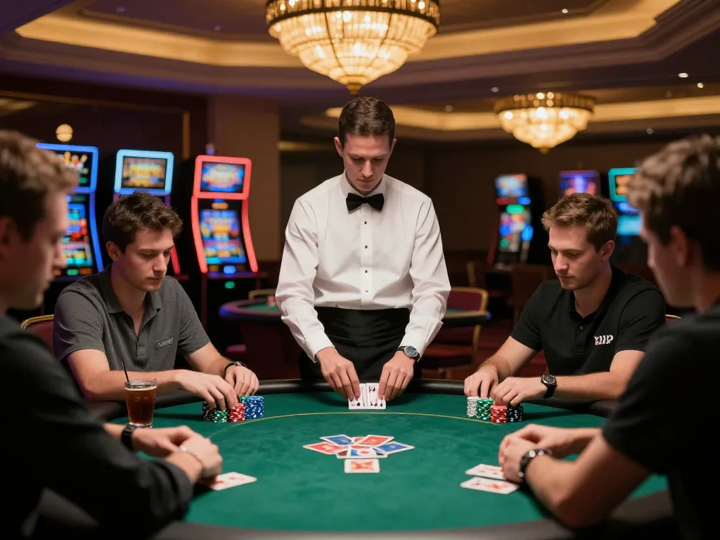 Legge poker players strategizing in upscale casino with focused expressions and colorful chips.