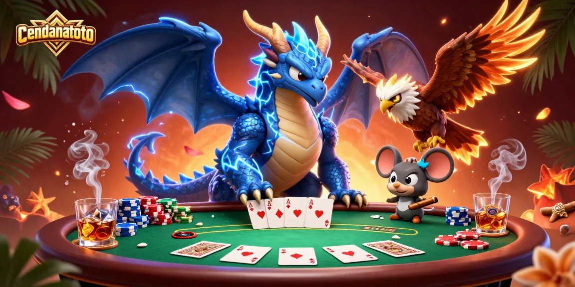 Cendanatoto showcases an electrifying scene featuring a thunder dragon, a wind hawk, and action-packed poker elements.