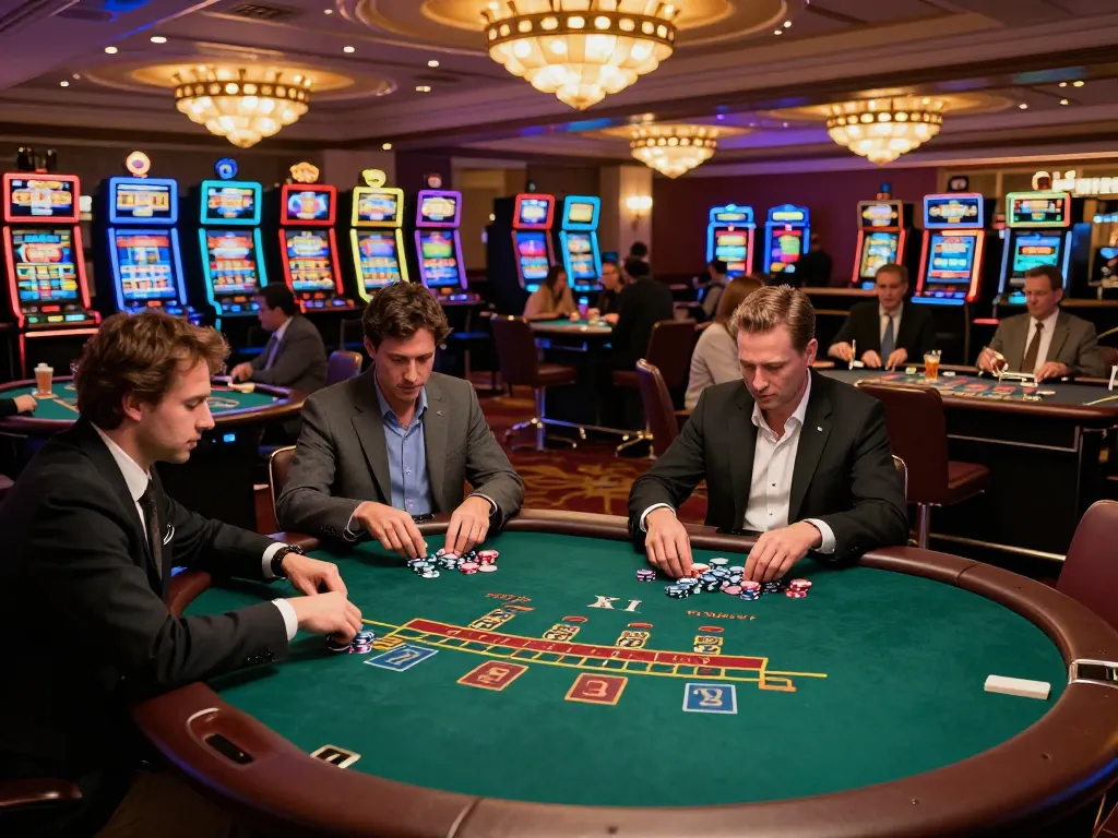 go8 players engaged in blackjack strategy at a busy casino table with vibrant lighting and atmosphere