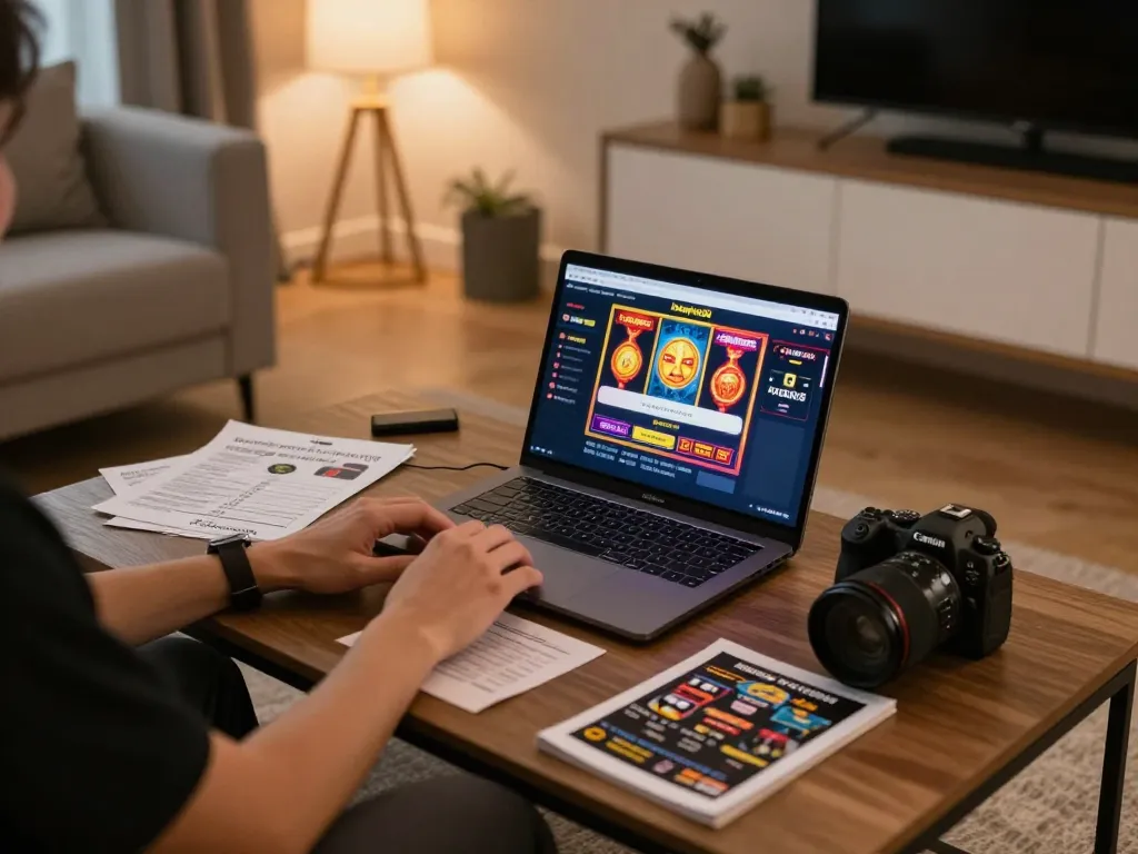 Login to indopride88 on a laptop, showcasing vibrant online casino games and strategic notes.