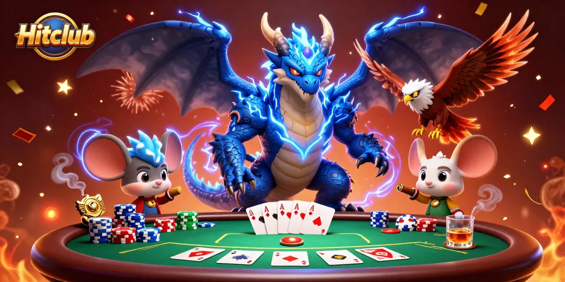 Join the fun with Hitclub's thrilling poker and casino experience, featuring vibrant characters and game elements.