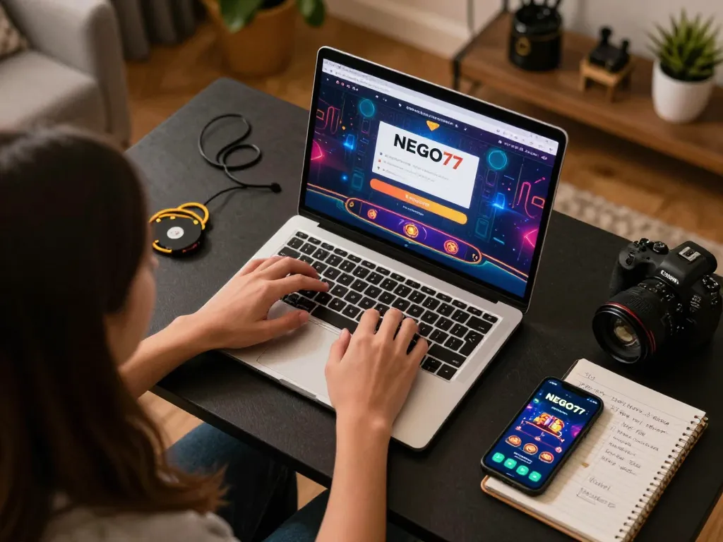 Engaging in online gaming at NEGO77 with laptop displaying casino games and strategic notes.