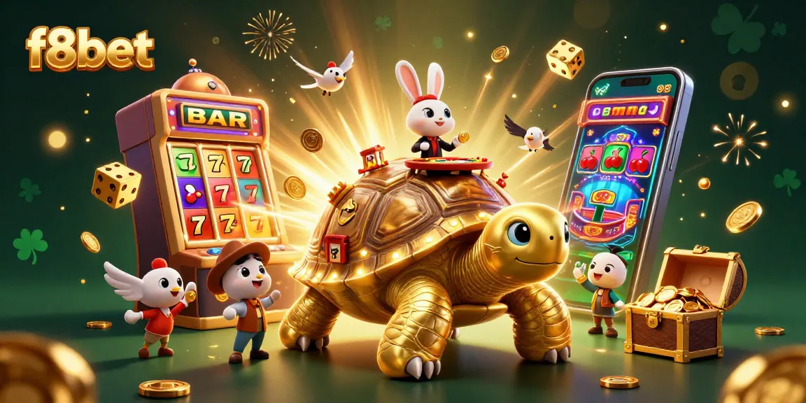 Win big with f8bet's vibrant casino scene featuring a giant tortoise and a rabbit dealer at a card table.