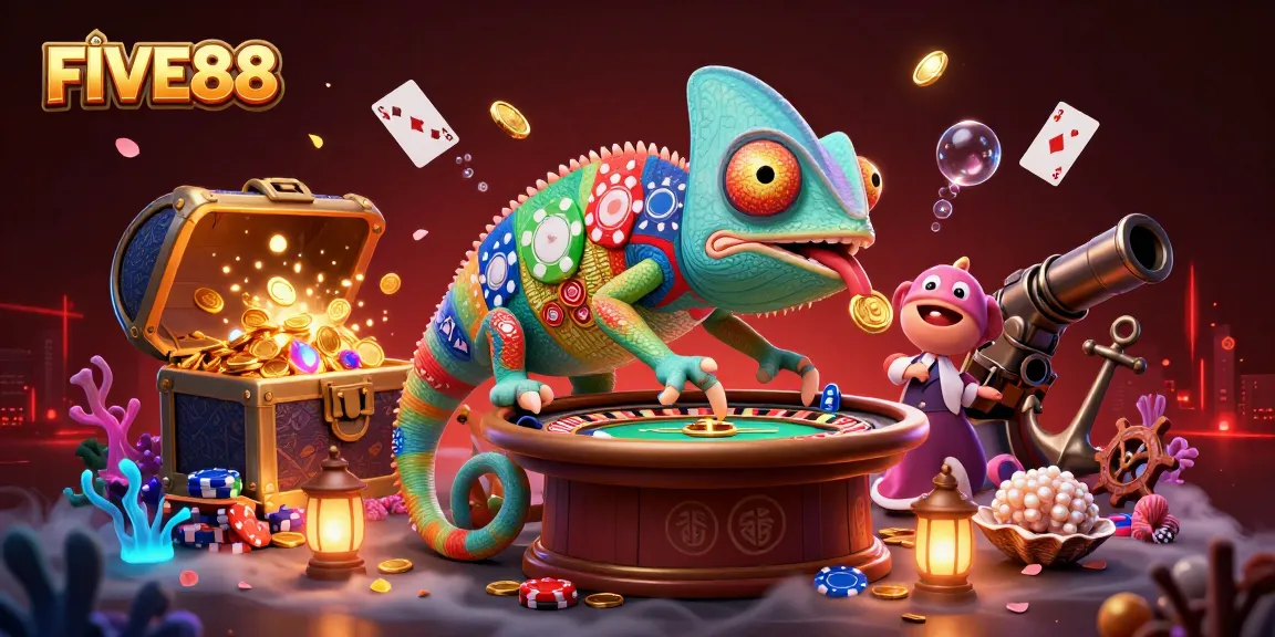 Engage with FIVE88's vibrant casino illustrated scene featuring a chameleon owner amidst gaming elements.