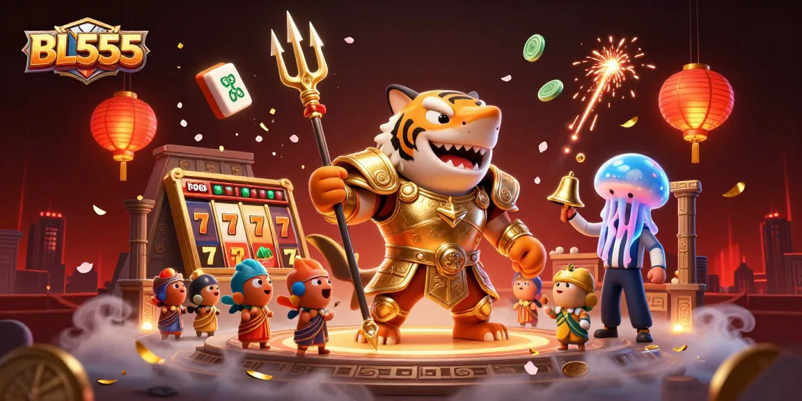 Experience thrilling gaming action at BL555 with a golden gladiator shark and festive casino elements.