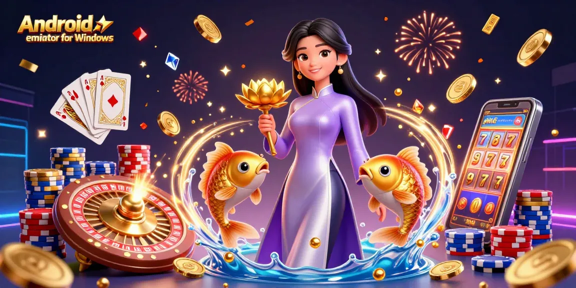 Spin to win with the Android emulator for Windows in a vibrant, colorful casino scene!