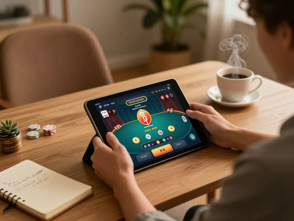 MPOID user engaging in online poker gaming on tablet, showcasing strategy notes and cozy home setup.