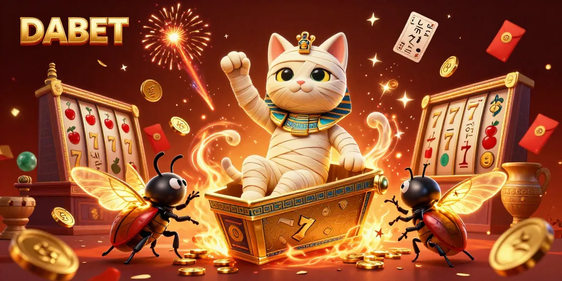 DABET presents a lively casino scene featuring a mummy cat and scarab beetle celebrating with slot machines.