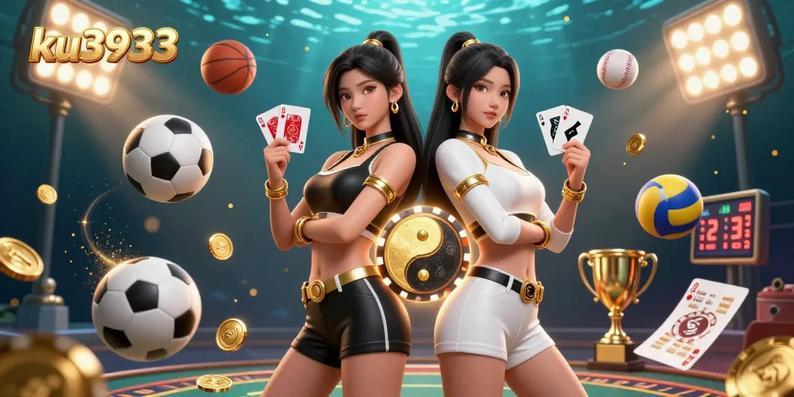 Experience excitement with ku3933 as twin Asian women showcase their gambling prowess against a dynamic casino backdrop.