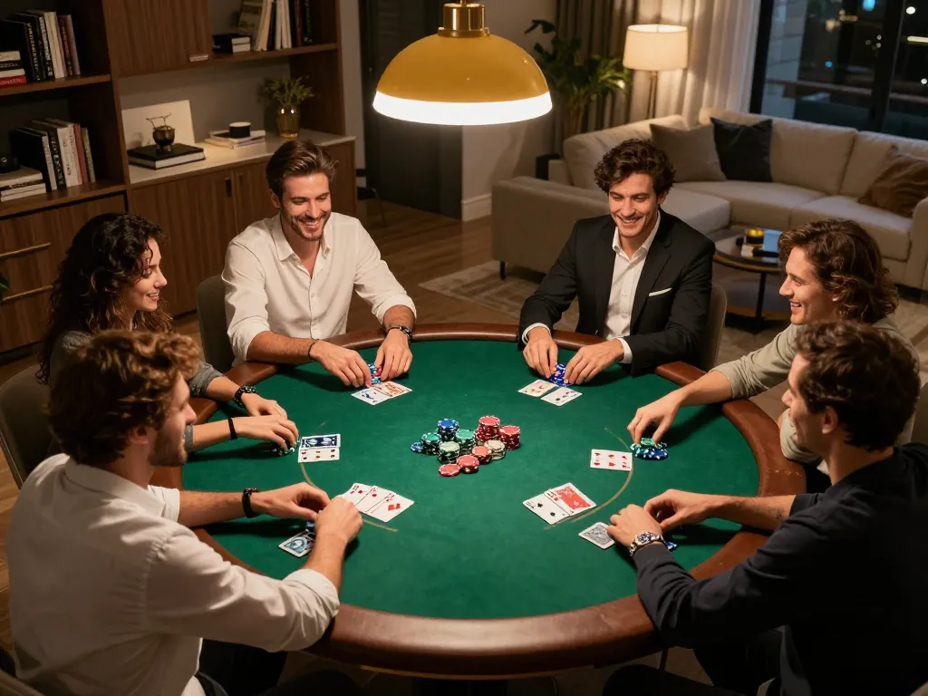 KONG88 poker game setup with friends engaging in strategy and laughter around the table.