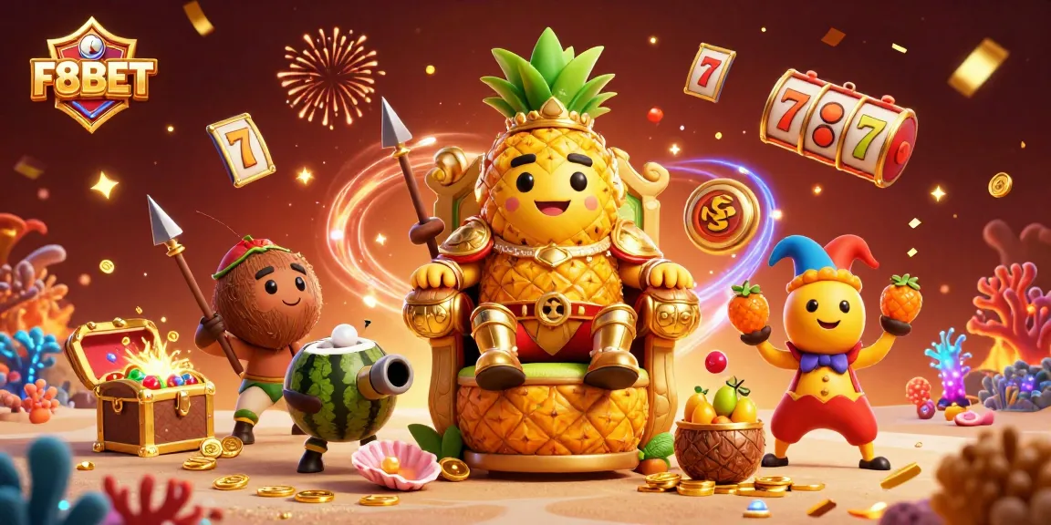 Experience thrilling excitement with F8BET, featuring slot reels, a golden pineapple king, and lavish casino elements.
