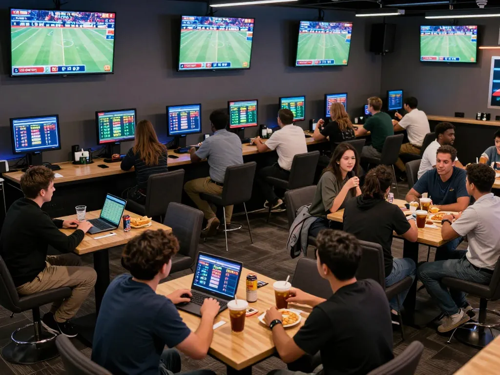 Engaging sports bettors analyzing odds in a lively lounge with a pragmatic betting approach.