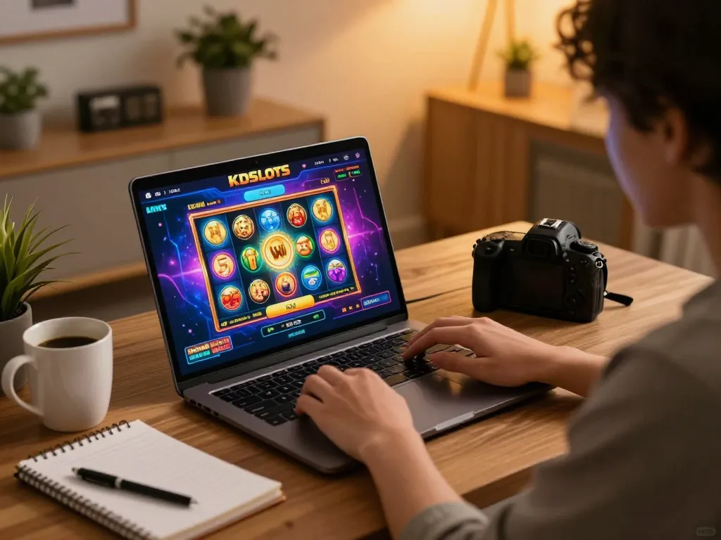 Player engaging with kdslot on laptop at home, showcasing vibrant slot games and strategic notes