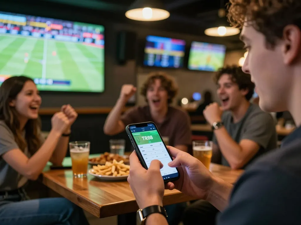 Excited sports bettor using the TR88 app while watching a game in a sports bar